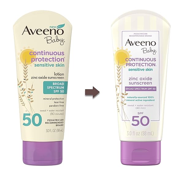 AVEENO BABY CONTINUOUS PROTECTION ZINC OXIDE MINERAL SUNSCREEN LOTION FOR SENSITIVE SKIN WITH BROAD SPECTRUM SPF 50, TEAR-FREE, SWEAT- & WATER-RESISTANT, TRAVEL-SIZE, 3 FL. OZ