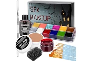 Wismee SFX Makeup Kit Professional Face Body Paint Halloween Special Effects Makeup Set with Scar Wax,10 Face Paint Brushes,Spatula Tool,2 Fake Scab Blood,Stipple Sponge Oil Based Face Painting Kit