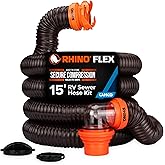 Camco RhinoFLEX 15' Camper/RV Sewer Hose Kit — Includes 4-in-1 Adapter, Clear Elbow, & Caps — Connects to 3″ Slip & 3″, 3 1/2