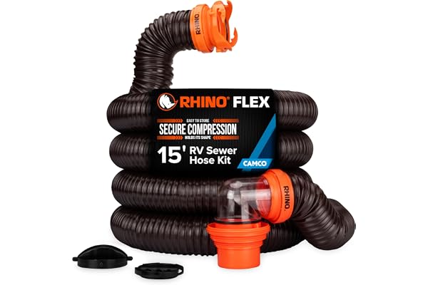 Camco RhinoFLEX 15' Camper/RV Sewer Hose Kit — Includes 4-in-1 Adapter, Clear Elbow, & Caps — Connects to 3″ Slip & 3″, 3 1/2