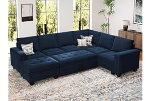 Belffin Modular Sectional Sleeper Sofa with Pull Out Bed U Shaped Sectional Sofa Couch with Storage Ottoman Velvet Covertible 7-Seater Sofa for Living Room Blue