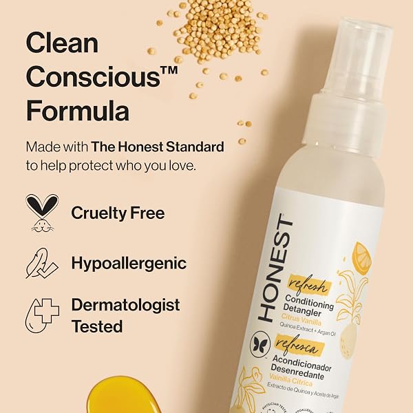 THE HONEST COMPANY CONDITIONING HAIR DETANGLER 3-PACK LEAVE-IN CONDITIONER AND FORTIFYING SPRAY, TEAR FREE CRUELTY-FREE, HYPOALLERGENIC, CITRUS VANILLA REFRESH, 4 FL OZ, PACK OF 3