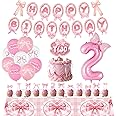 Sweet Girl 2nd Birthday Party Decorations,Pink Bow Party Supplies for Kids Second Birthday Includes Banner,Tablecloth,Cake Cupcake Toppers,Number 2 Bow Balloon,Latex Ballonns for 2 Year Old Party