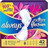 Always Radiant Feminine Pads for Women, Flexfoam Pads with Wings, Size 1, Regular Absorbency, Lightly Scented, 42 Count