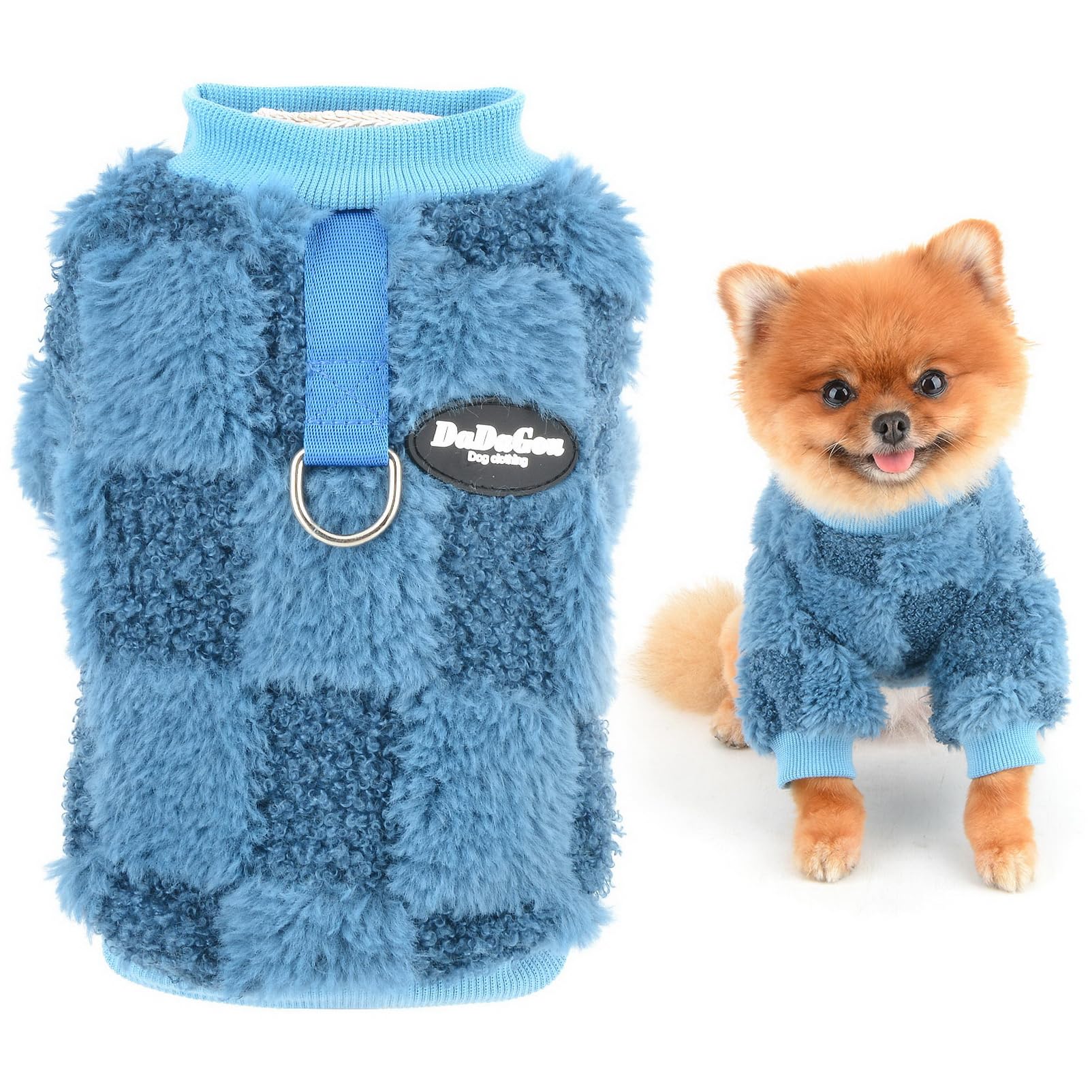 SMALLLEE_LUCKY_STORE Dog Fuzzy Sweater for Small Dog, Patchwork Pet Pullover Sweatshirt with D-ring, Fleece Soft Puppy Outfits Winter Fall Clothes Chihuahua Yorkie Cat Apparel, Blue, S