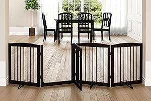 PUPETPO Freestanding Dog Gate with Door, Dog Gate for Stairs, 80 inch Wide Pet Gate Indoor, Dog Fences Indoor, Support Feet Included, 4 Panels, 24" Tall, Dark Brown