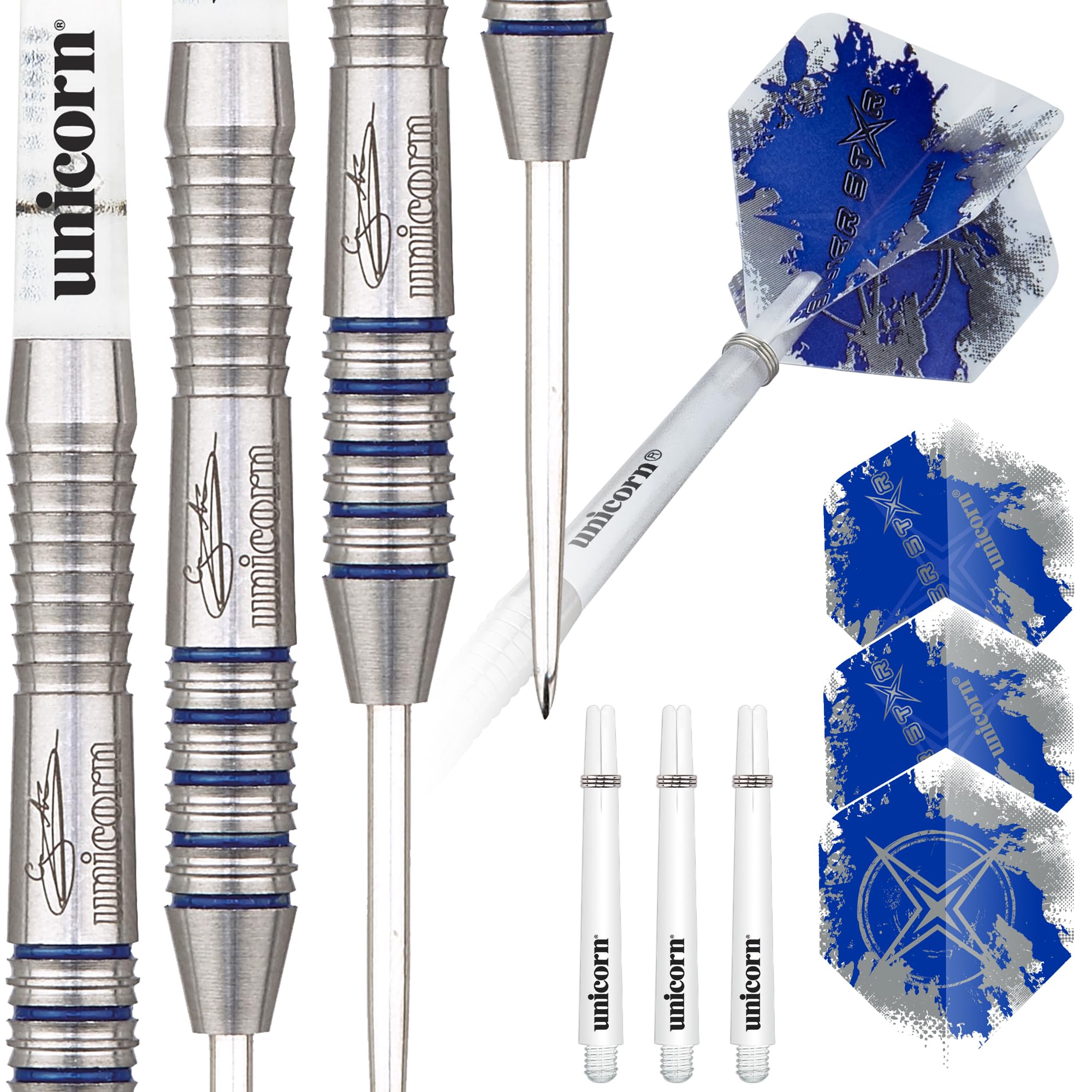 Unicorn Steel Tip Professional Darts Set | Gary 'The Flying Scotsman' Anderson Silver Star | 80% Natural Tungsten Barrels with Blue Accents | 23 g