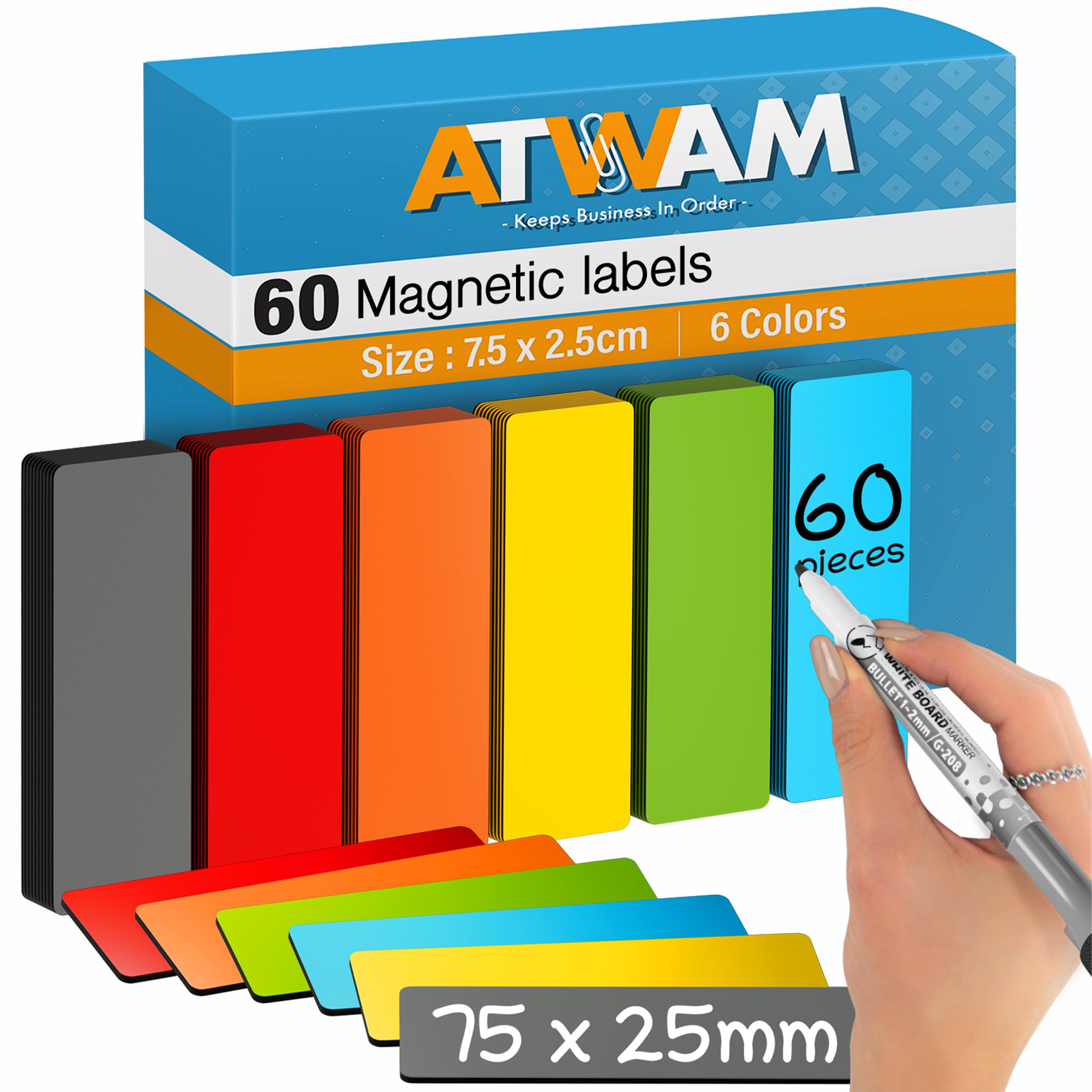 ATWAM 60 Magnetic Strips writable - Magnetic Labels 75x 25mm - 6 Colors - Scrum & Kanban - Magnetic Notes - Whiteboard Strips for Magnetic Board, Magnetic Wall & Fridge