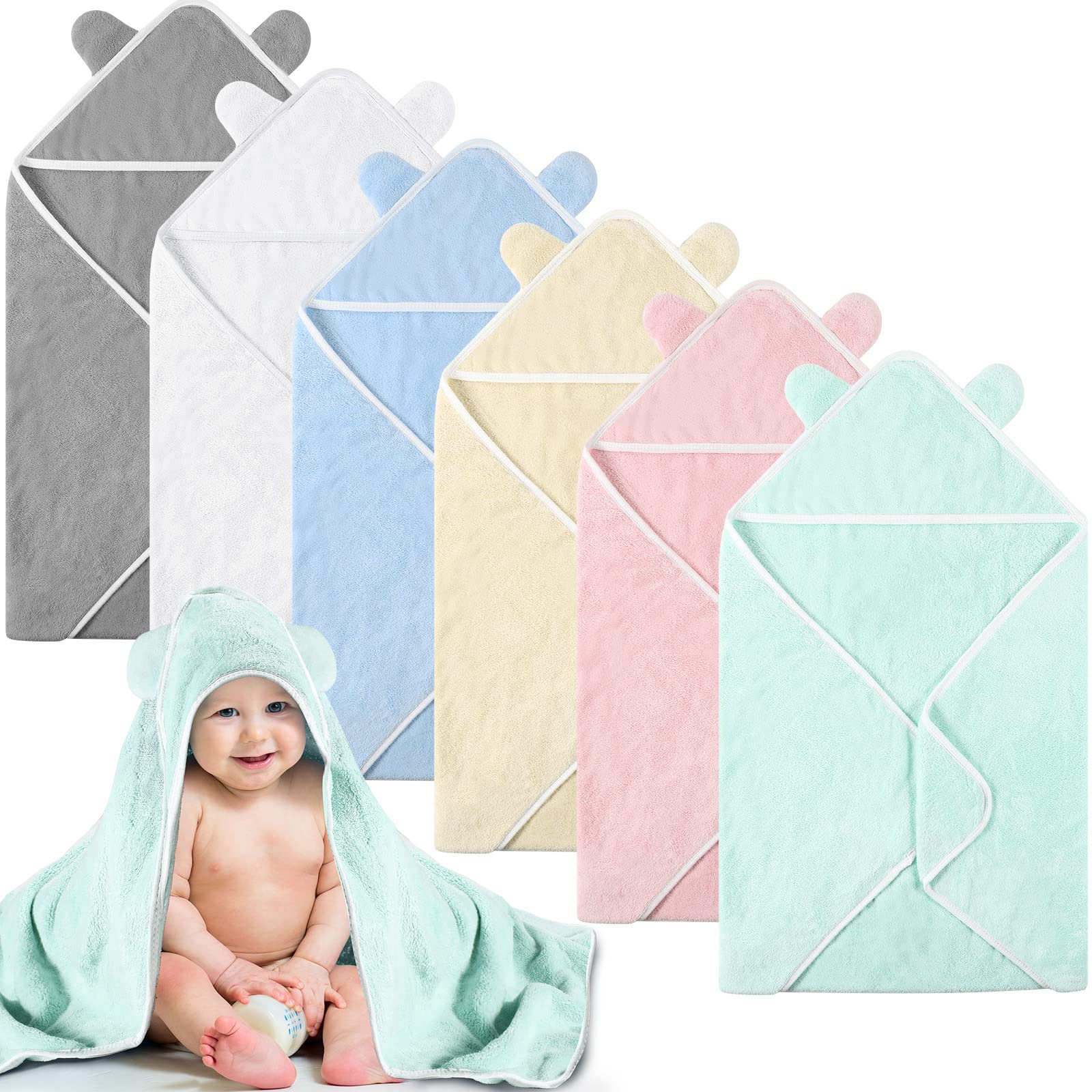 Photo 1 of Lounsweer 6 Pieces Baby Bath Towels 30 x 30 Inch Hooded Toddler Towel Bath Blanket Absorbent Coral Fleece Hooded for Toddler Infant Newborn Shower Gift Supplies(Multicolor)