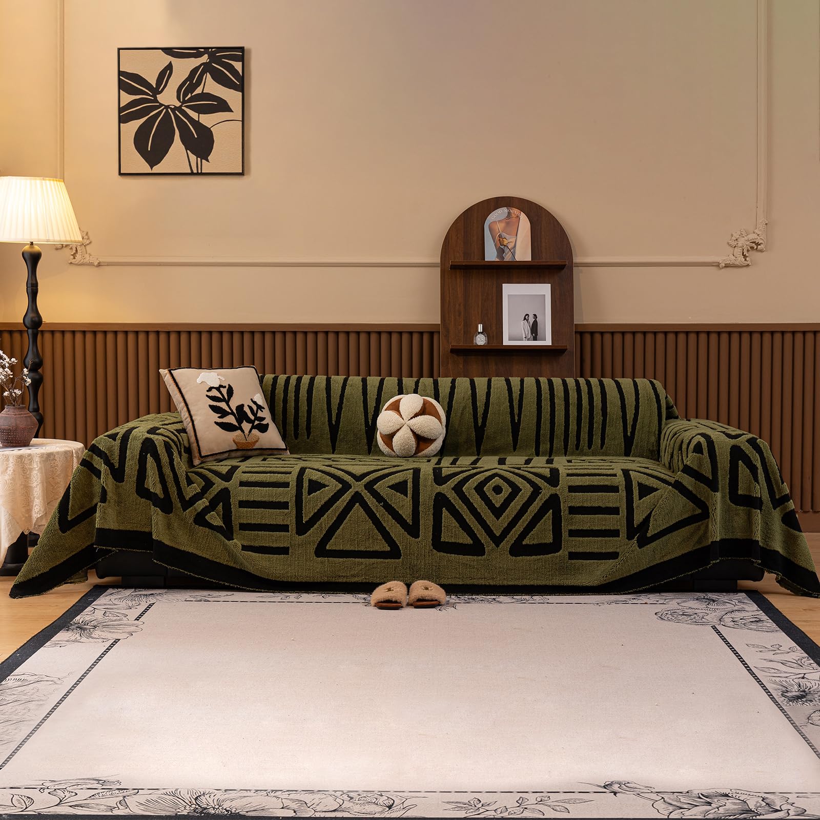 Photo 1 of ***VERY LIGHTWEIGHT***HANDONTIME Olive Green BLANKET STYLE Sofa Cover Boho Couch Cover for Dogs Christmas Green Throw BLANKET Couch Cover Shu Velveteen  Loveseat Cover Short SOFT BLANKET STYLE Cover Washable, 71" X118"