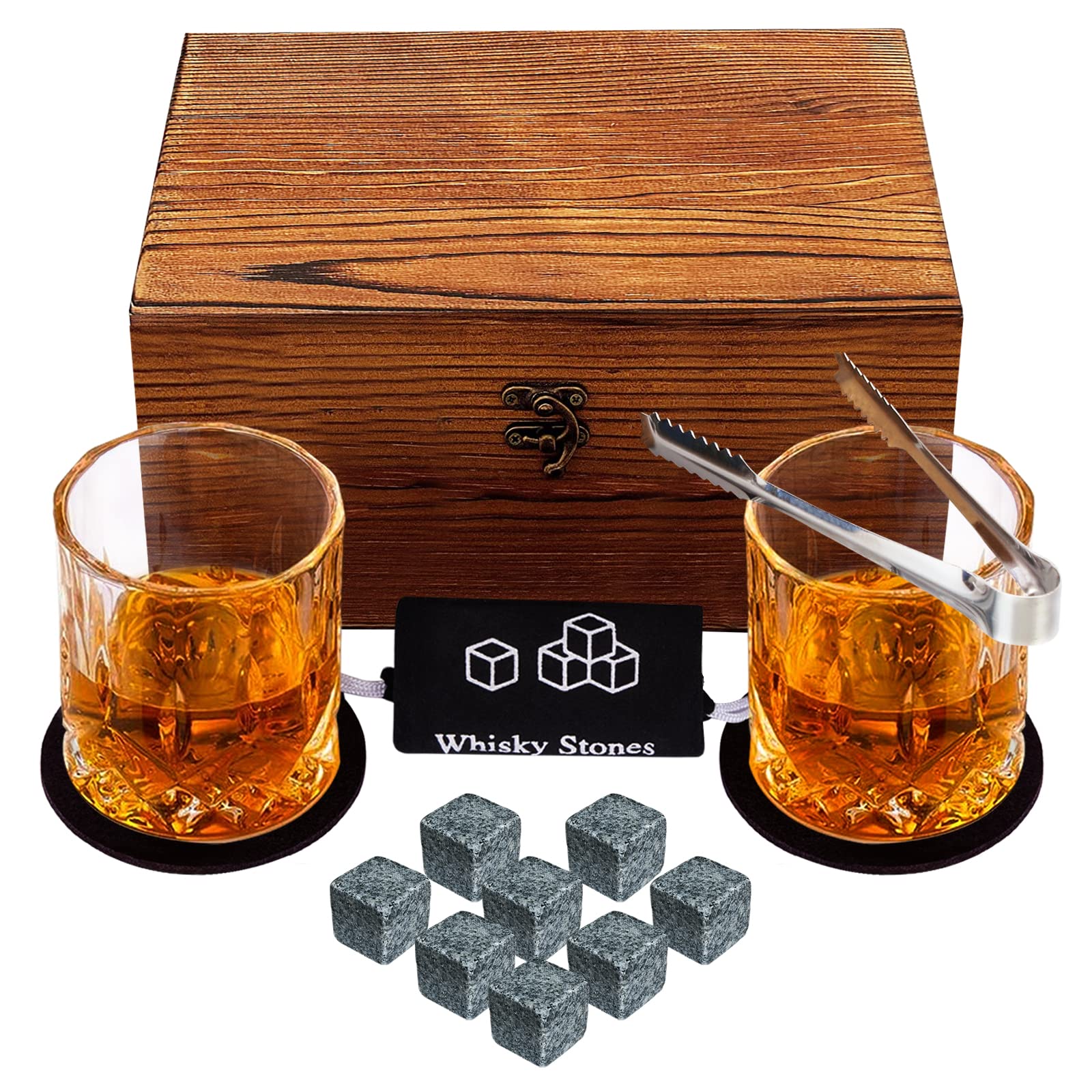Whiskey Stones and Glass Gift Set for Men, KAQ 2 Whisky Glasses and 8 Natural Whiskey Stones in a Exquisite Wooden Box, Christmas/Thanksgiving/Father's Day/Birthday Gift for Family and Friends