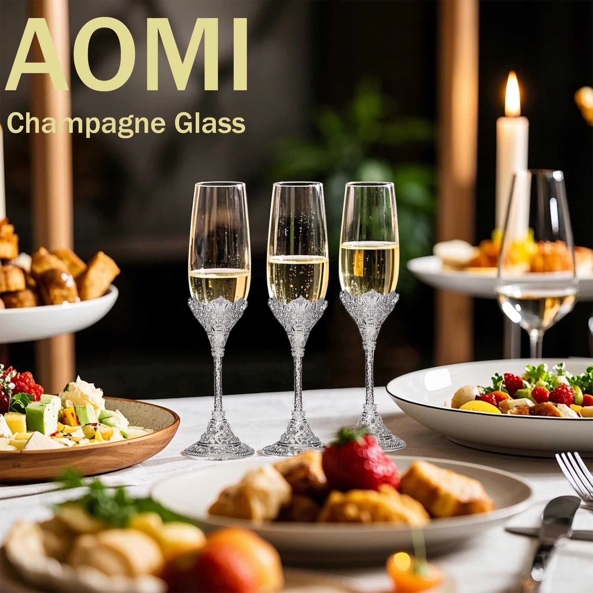 Wedding Champagne Flutes Toasting Glasses, Silver 7oz Toasting Flute Pair Crystal Metal Base with Sparkling Crystals for Wedding Anniversary Party Birthday Banquet and Gift for Bride Groom Giftboxed