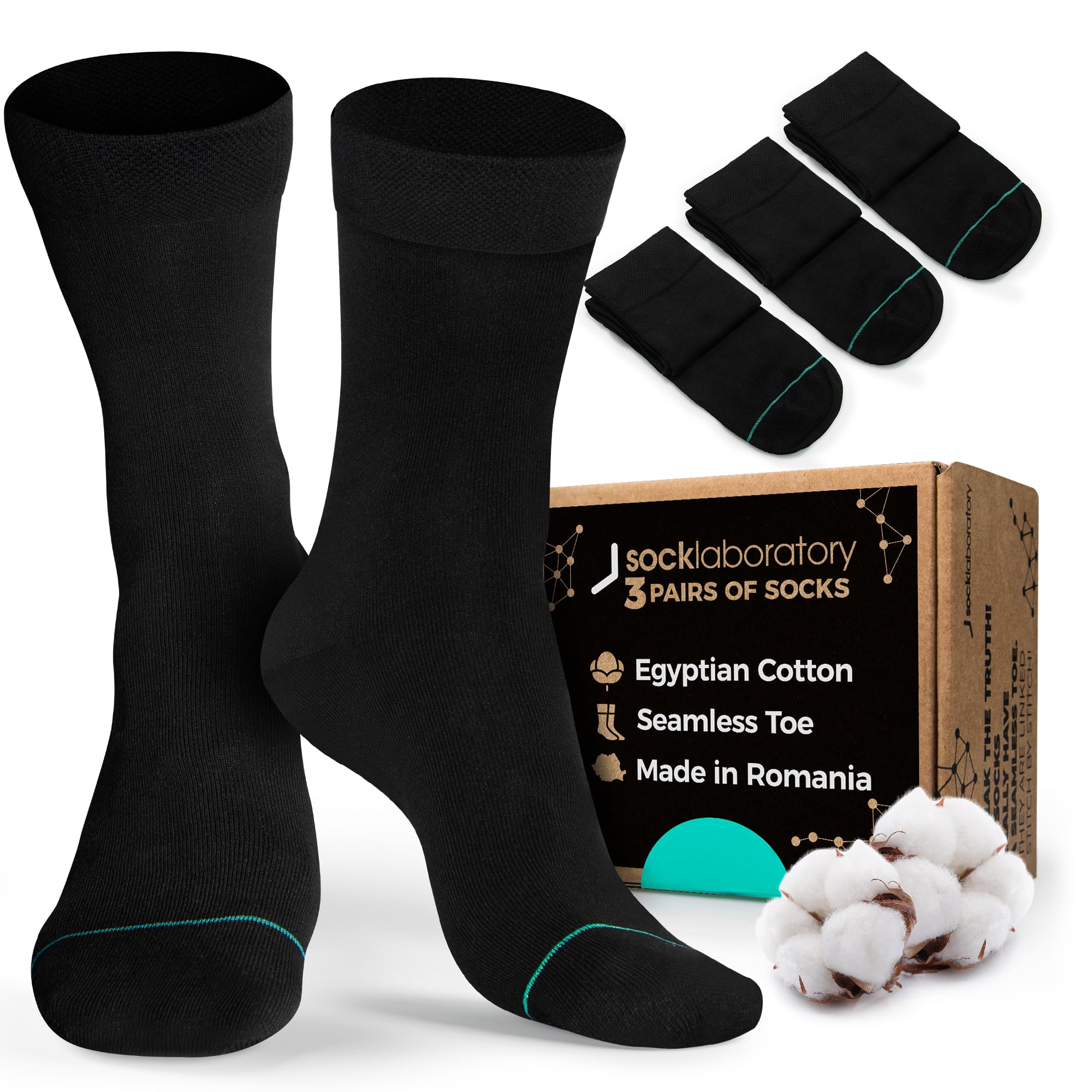 Photo 1 of Men's Dress Socks - Egyptian Cotton - Crew - Black (Box of 3) - Size 10 to 12