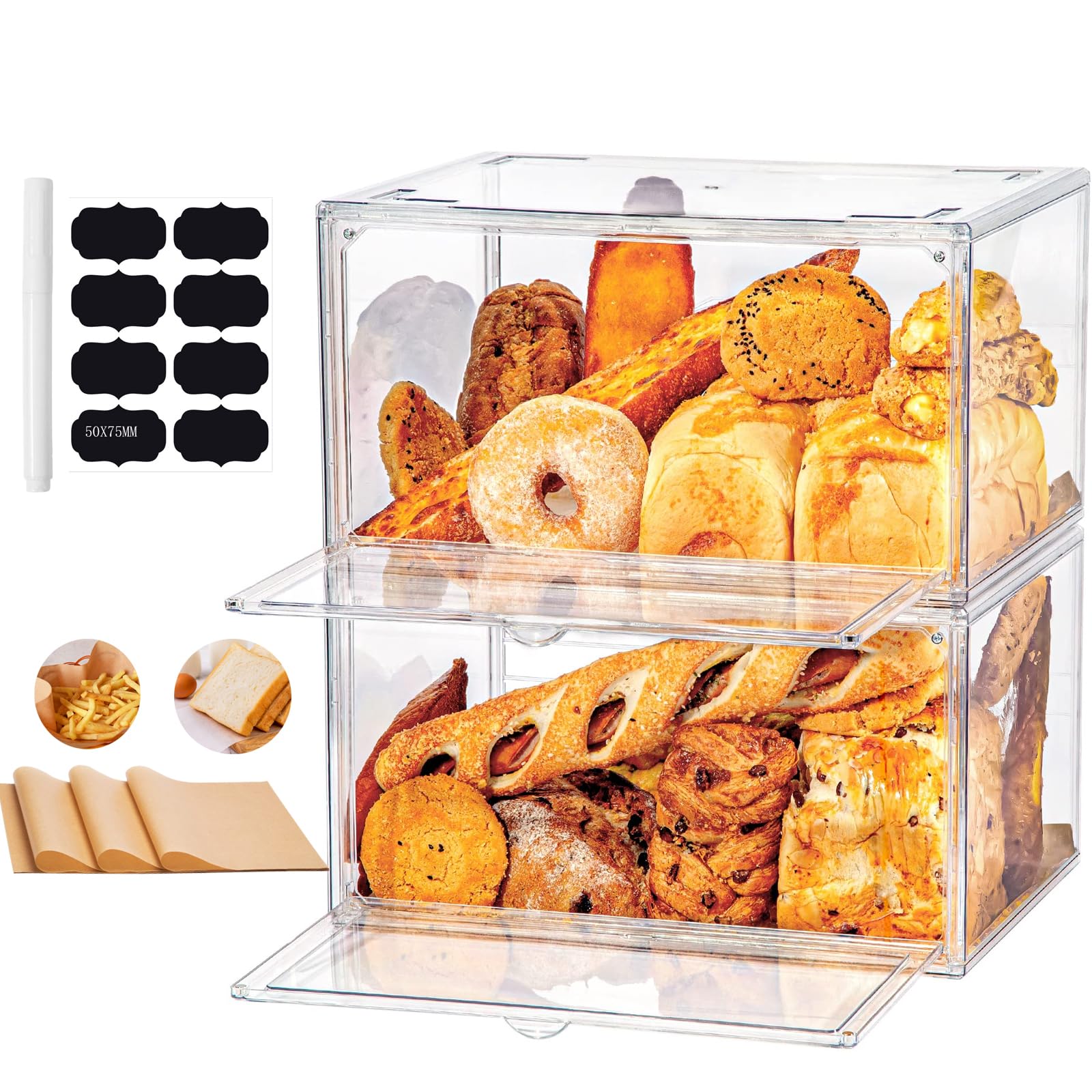 Wuciray Large Clear Bread Bin Large Double Decker Plastic Clear Bread Box Acrylic Bread Storage Containers Transparent Bread Boxes with 50 Bread Paper for Kitchen Countertop Keeps Bread and Rolls