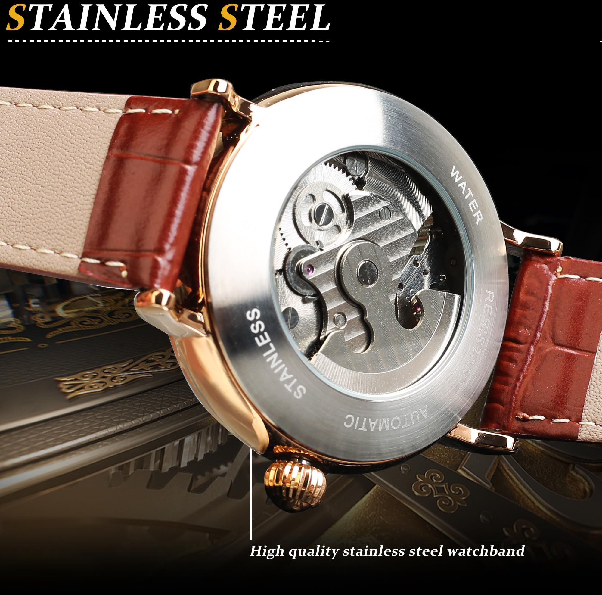 FORSINING Automatic Mechanical Watch, Self Winding Skeleton Watch for Mens, Mechanical Tourbillon Steampunk Fashion Men Watch Date Day Dress Watch Gift for Men