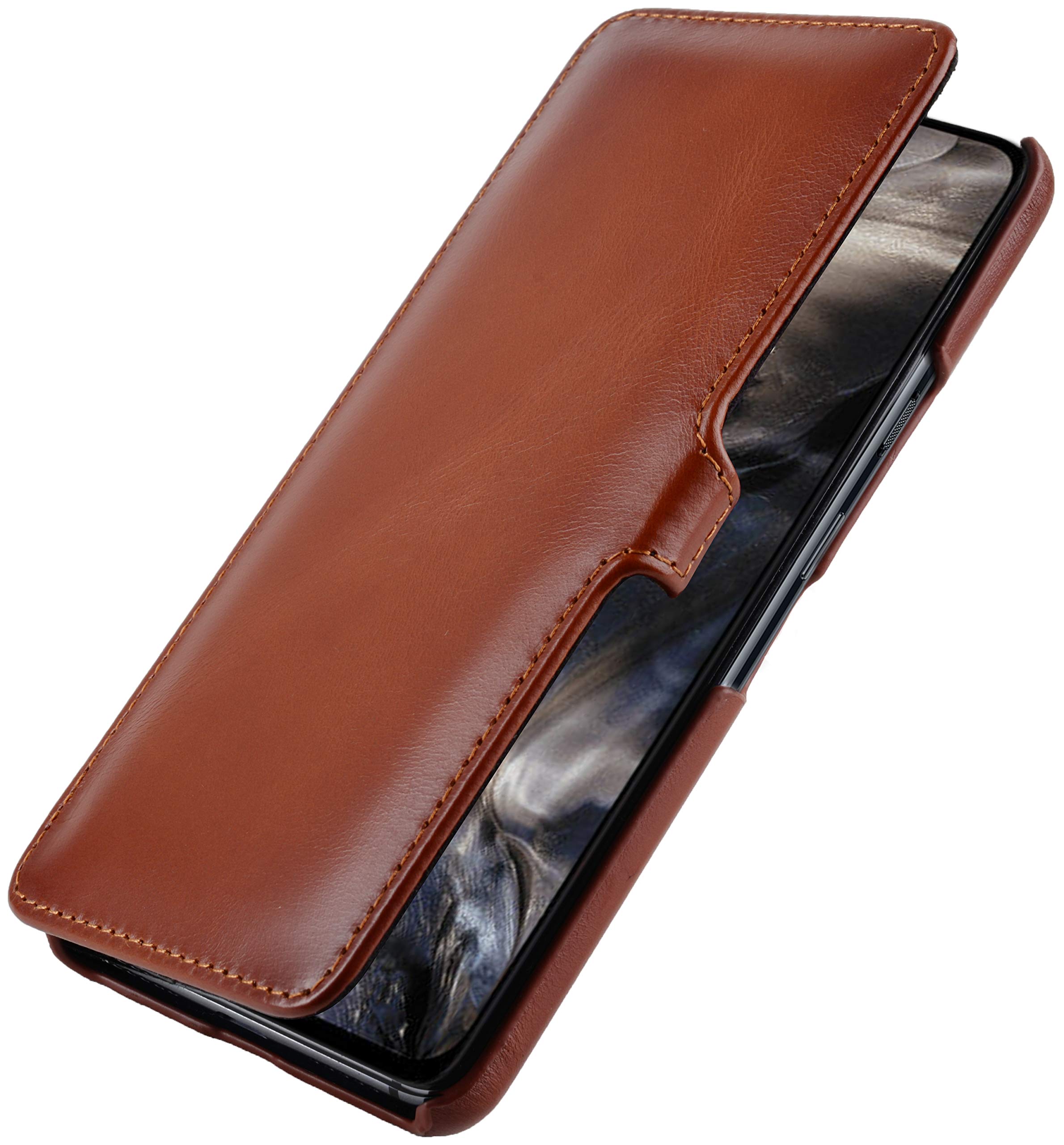 StilGut Book Type Flip Case for OnePlus Nord, Genuine Leather OnePlus Nord Case with Closure, Cognac Antique