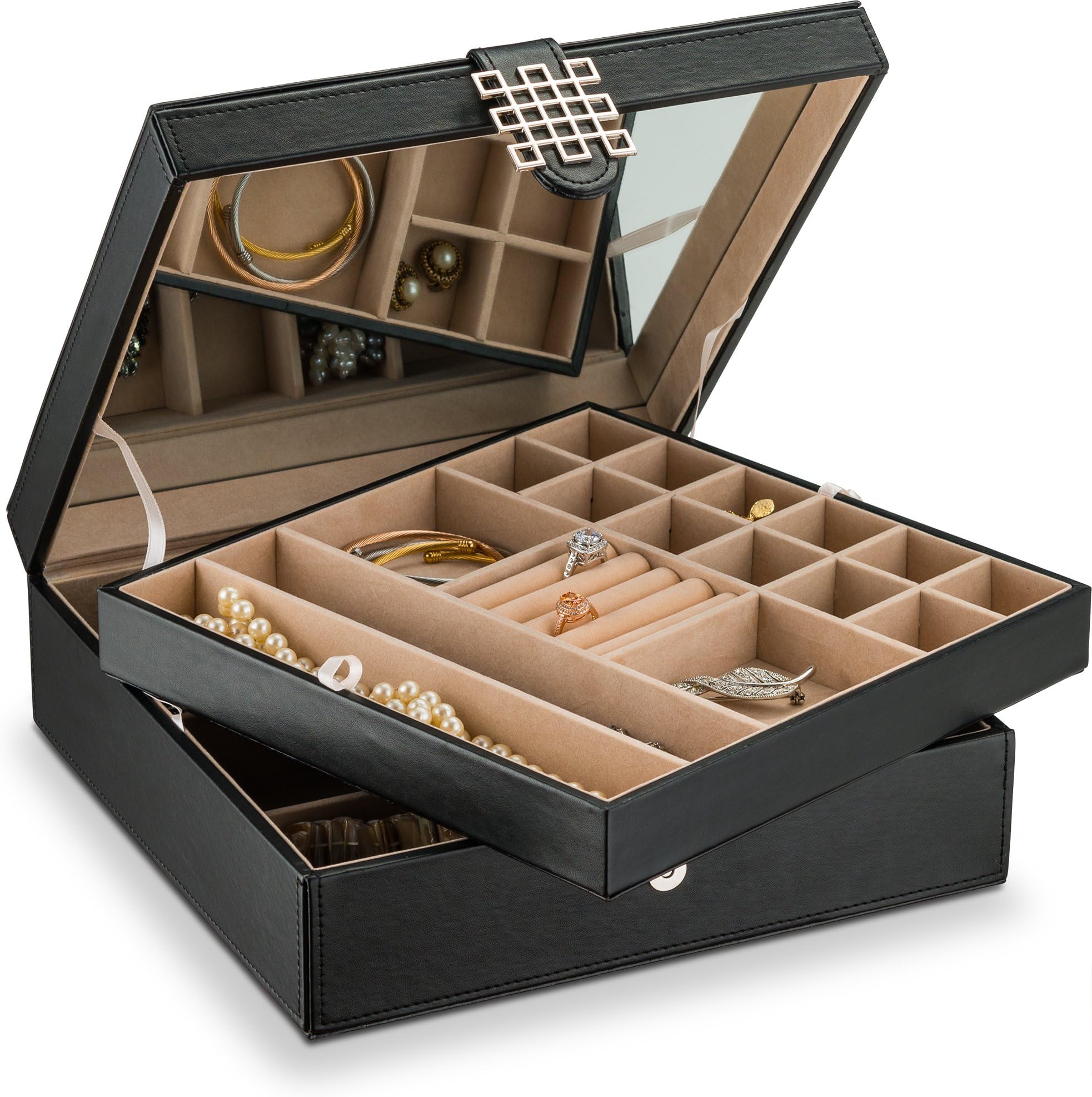 GlenorCo 28 Section Jewelry Box - 2 Layer - Buckle Snap & Magnet Closure - Large Mirror - Leather Design - Black - Jewelry Organizer for Women & Girls - Holder for Earring Ring Necklace & Bracelet