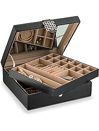 Glenor Co 28 Section Jewelry Box - 2 Layer - Buckle Snap & Magnet Closure - Large Mirror - Leather Design - Black - Jewelry Organizer for Women & Girls - Holder for Earring Ring Necklace & Bracelet