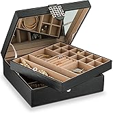 Glenor Co 28 Section Jewelry Box - 2 Layer - Buckle Snap & Magnet Closure - Large Mirror - Pu Leather - Black - Jewelry Organizer for Women & Girls - Holder for Earring Ring Necklace & Bracelet