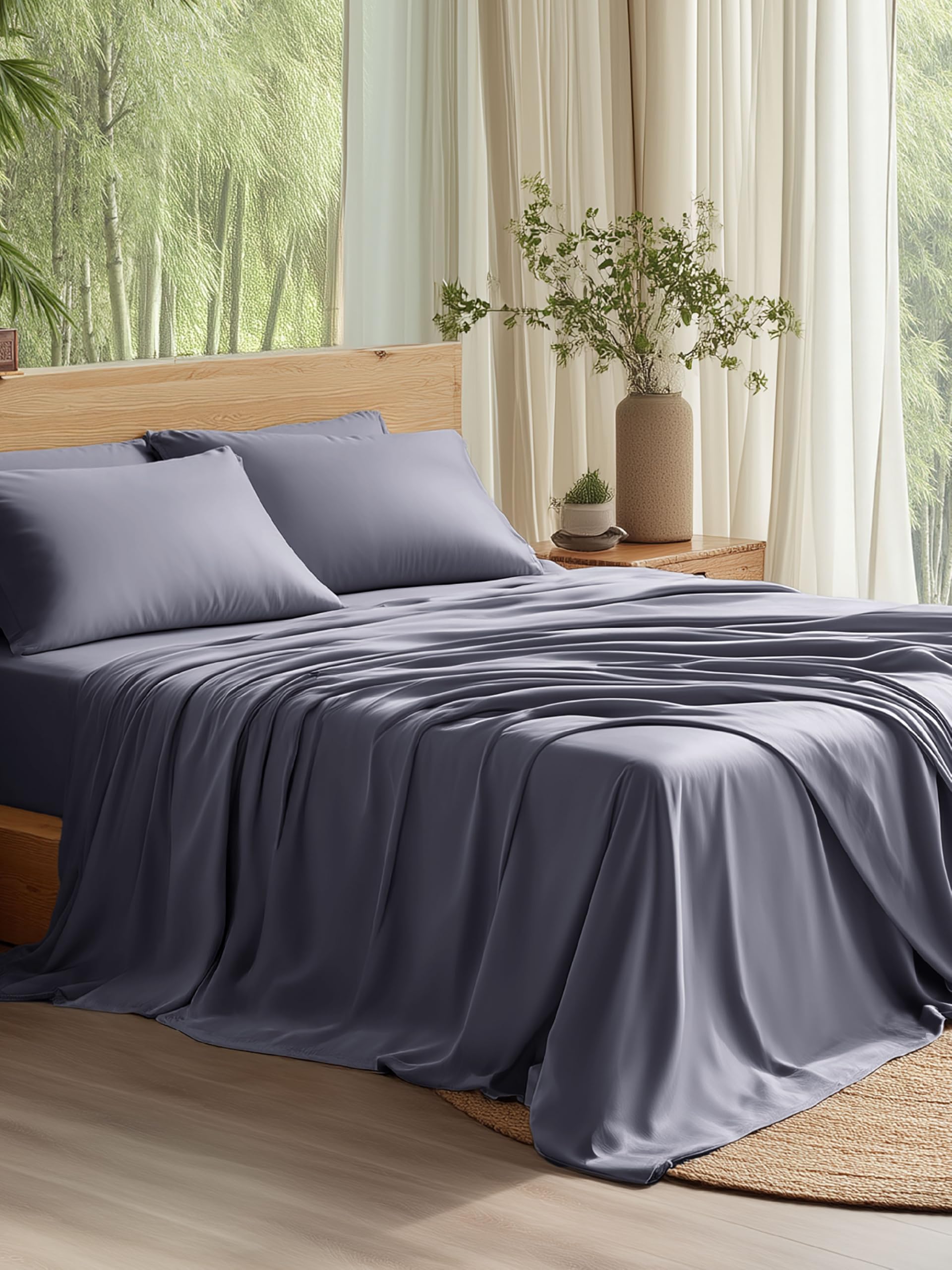 Photo 1 of Bedsure Queen Sheet Set, Cooling Sheets for Queen Size Bed Set, Rayon Derived from Bamboo, Breathable & Soft, Deep Pocket Up to 16", Hotel Luxury Silky Bedding for Hot Sleepers, Dark Grey