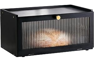 ETMI Black Bread Box for Kitchen Countertop-Large Modern bamboo Bread box with Window Bread Storage Container