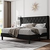 Feonase King Size Bed Frame with Wingback Tufted Headboard, Upholstered Platform Bed Frame with Heavy Duty Wooden Slats Support, Noise-Free, No Box Spring Needed, Easy Assembly, Black