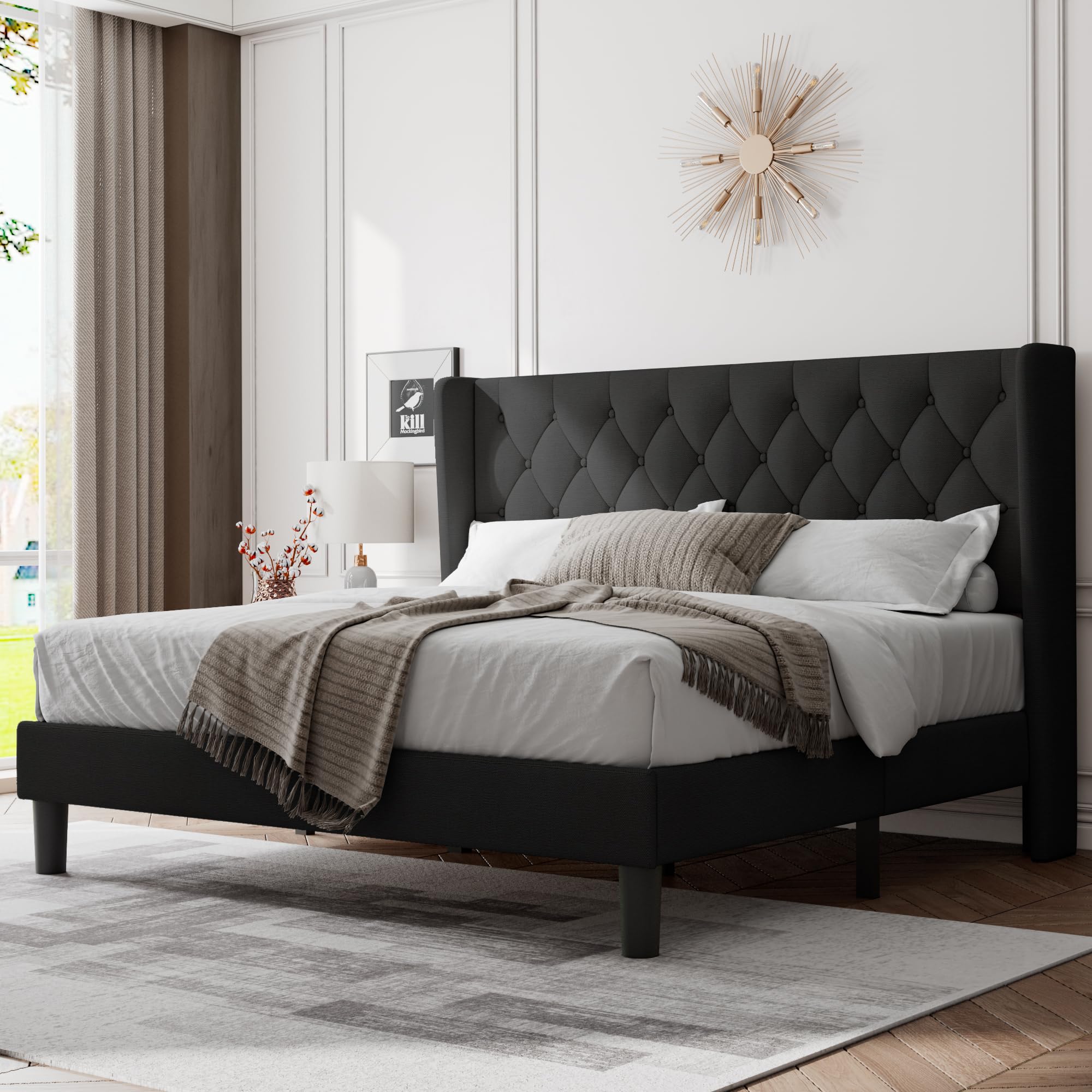 Photo 1 of *PARTIAL SET & Missing Pieces - See clerk notes*
Feonase King Size Bed Frame with Wingback Tufted Headboard, Upholstered Platform Bed Frame with Heavy Duty Wooden Slats Support, Noise-Free, No Box Spring Needed, Easy Assembly, Black