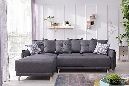 Bestmobilier Lena Canapé D Angle Scandinave Réversible Convertible 235x155x90cm Couleur Gris Foncé