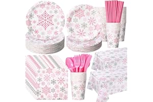 Funnymoom 452 Pcs Pink Snowflake Party Supplies Serves 50, Pink Snowflake Paper Plates Napkins Cups Tablecloth Cutlery Straws for Christmas Winter, Baby Shower Wonderland Birthday Party Decorations