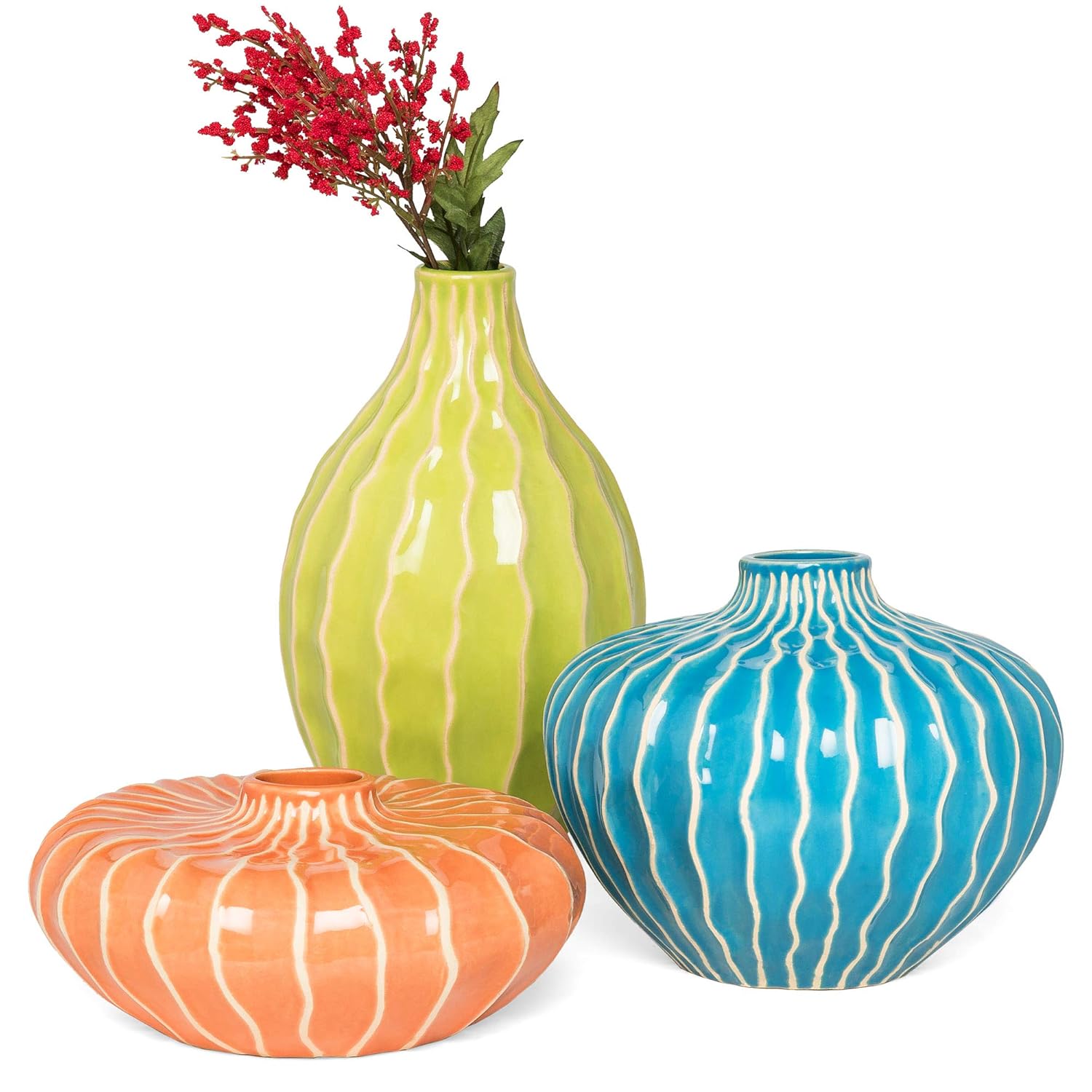 Best Choice Products Set of 3 Home Decorative Ceramic Accent Vases for Living Room, Bedroom, Dining Room, Office, Indoor/Outdoor Events w/Assorted Sizes, Stain-Resistant Finish - Blue, Green, Orange
