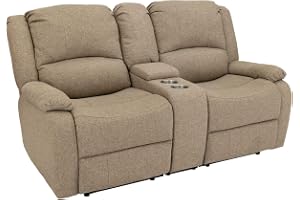 RecPro Charles 67" RV Reclining Sofa | Console | Oatmeal Cloth | Space Saving, Dual Cup Holders, Wall Hugger Design, Convenient Storage, Modern Style