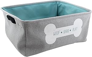 Winifred & Lily Pet Toy and Accessory Storage Bin, Organizer Storage Basket for Pet Toys, Blankets, Leashes and Food in Embroidered “Woof Bark Play in Dog Bone, Grey