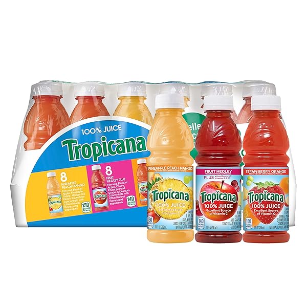 TROPICANA 100% JUICE VARIETY PACK – PINEAPPLE PEACH MANGO, FRUIT MEDLEY & STRAWBERRY ORANGE, SINGLE SERVE, 10 FL OZ BOTTLES (PACK OF 24) – VITAMIN C RICH, NO ADDED SUGARS, NO ARTIFICIAL FLAVORS