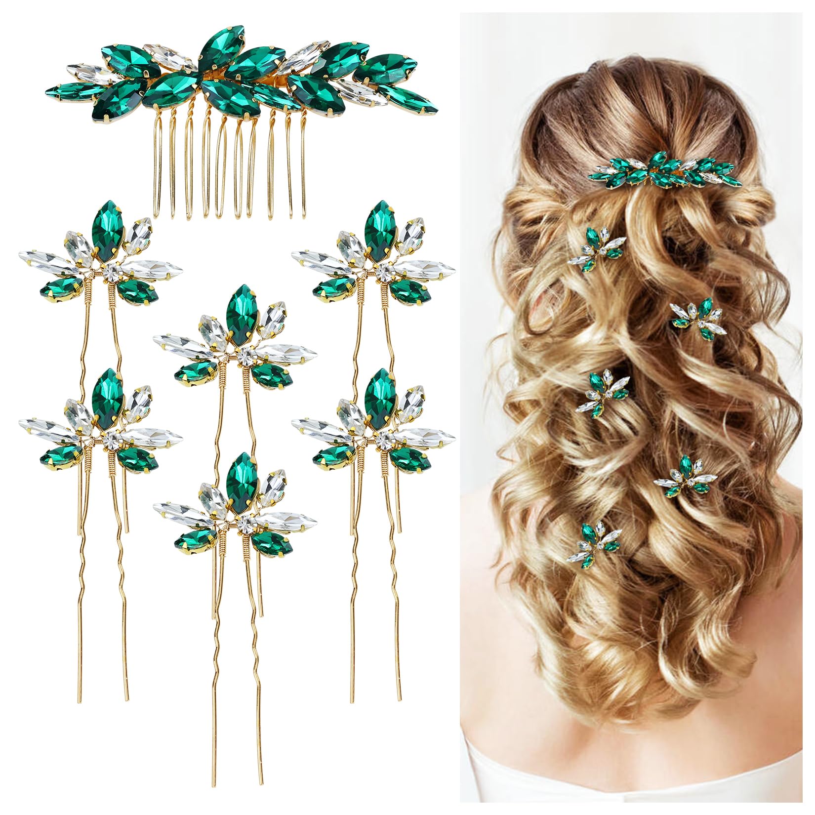 Dizila 7 Pieces Decorative Emerald Green Party Prom Wedding Bridal Rhinestone Hair Side Comb+U-shaped Hair Pins Accessories for Women Girls Brides Bridesmaids
