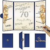 DARUNAXY Blue Gold 70th Birthday Party Decorations, Blue Happy 70th Birthday Alternative Signature Guest Book for Men Women Cheers to 70 Years Old Gifts 70 Birthday Signing Card Board Party Supplies