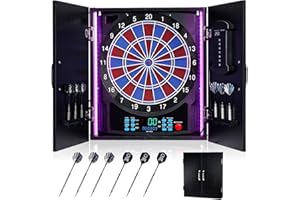 Yirinatek Electronic Dart Board, Electric Dartboard Cabinet Set for Adults [6 Soft Tip Darts] Individual Light Color for Each Player- Wooden Dartboard Cabinet for Family Game