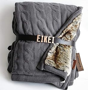 Luxury Cable Knit Throw with Faux Fur Reverse Knitted Cozy Blanket in Charocal and Chinchilla Brown Reversible (Grey)