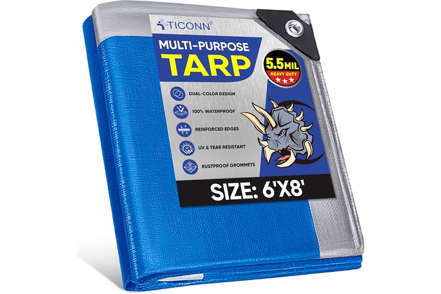 TICONN Heavy Duty Tarp Cover Waterproof, Extra Thick UV Resistant Tarpaulin | 5.5 Mil-6'x8', Double-Sided Tear-Resistant Mate