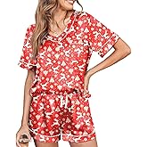 Women Satin Christmas Print Pajamas Set Sexy V-Neck Short Sleeve Shirt Elastic Waist Drawstring Shorts Sleepwear