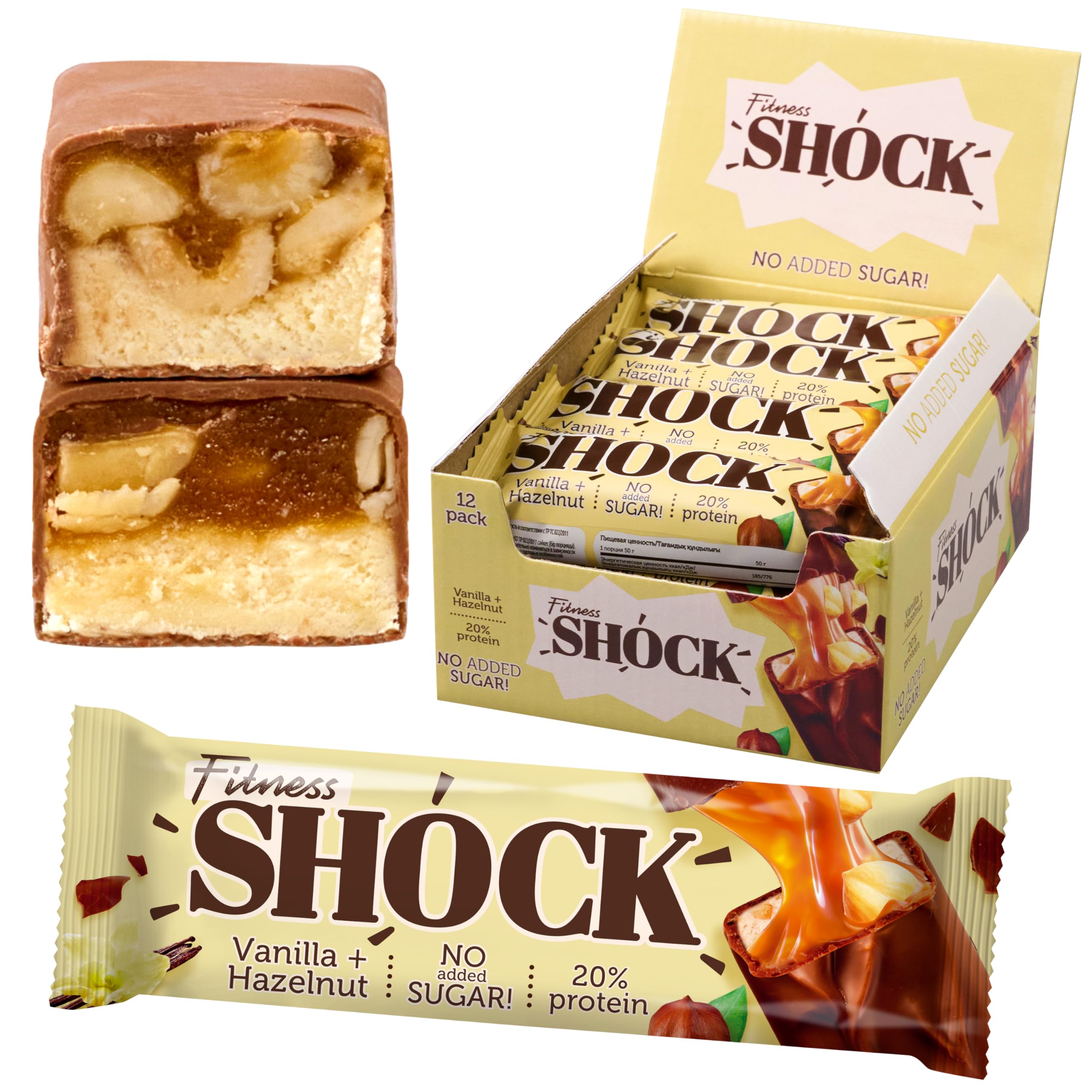 Fitnesshock Protein Bars Low Carb, High Protein Chocolate Bar – No Sugar Added, Rich Fiber Content, Palm Oil Free | Hazelnut Vanilla | 12x50g