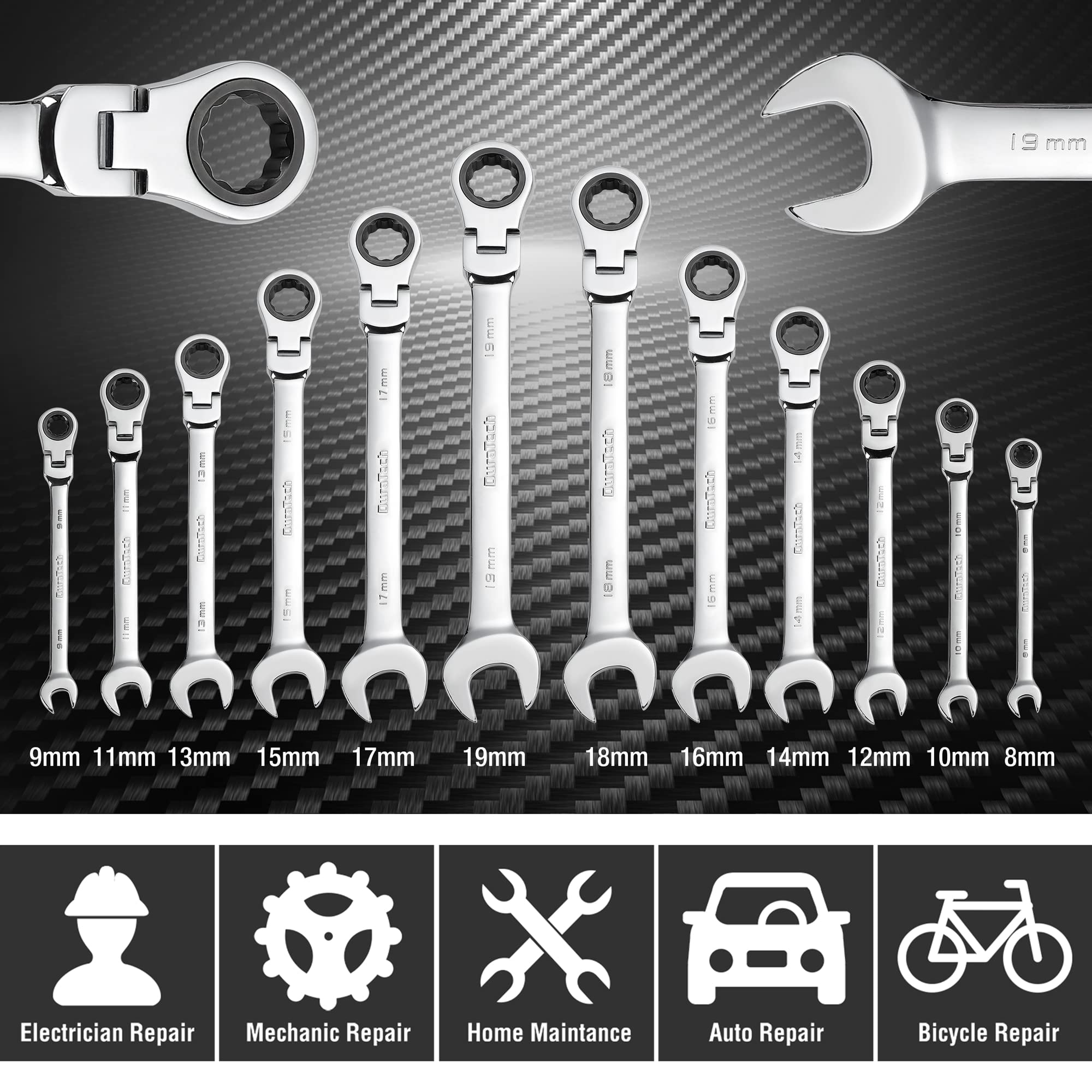 DURATECH Gelenk-Ratschenschlüssel Set, 12-teilig, 8-19 mm, Gabelschlüssel Ringmaulschlüssel Ring-Satz, mit 72 Zähnen, 5° Schwenkbereich, Chrom-Vanadium-Stahl, inkl. Rolltasche 2