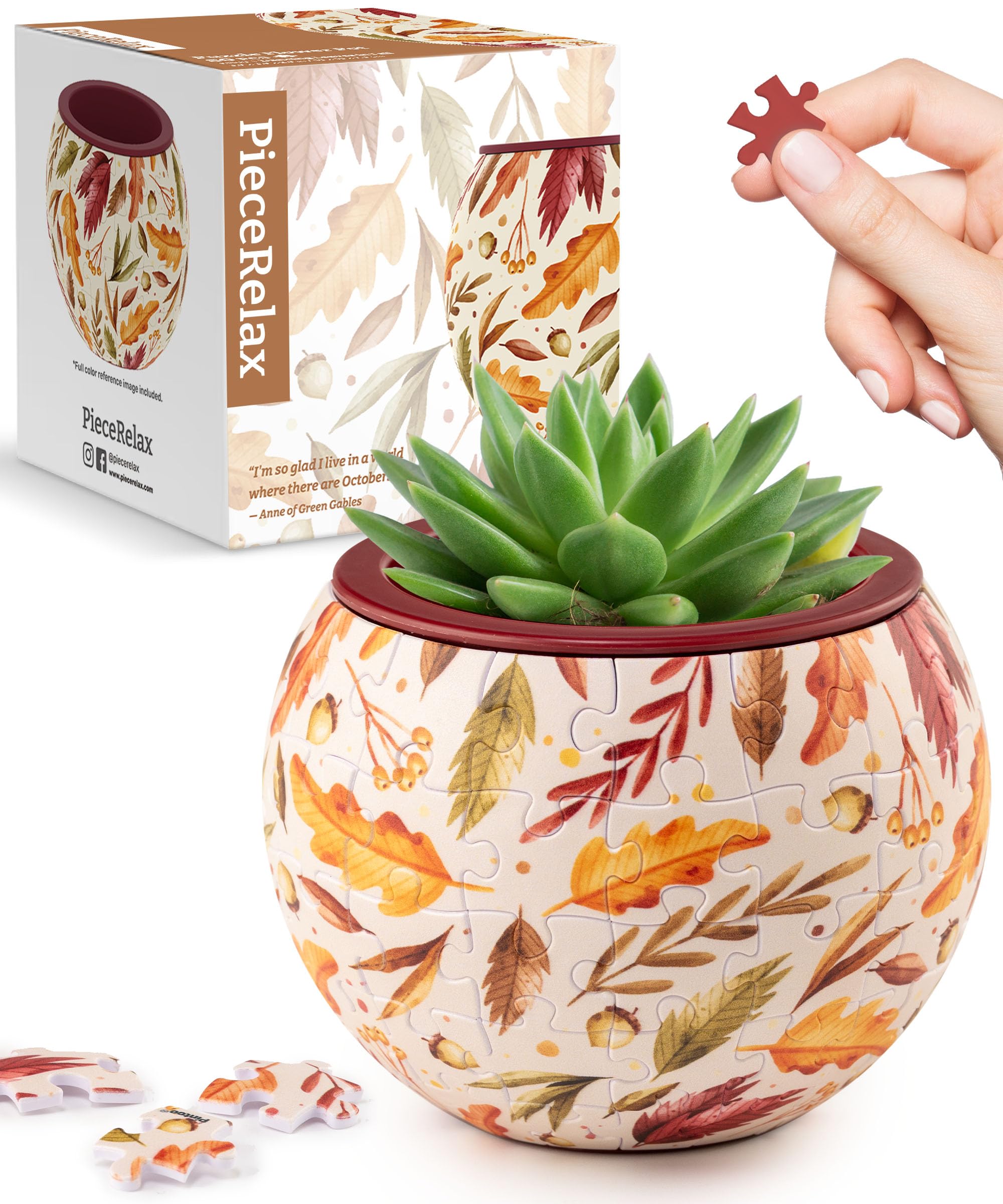 PieceRelax 3D Puzzle Planter - Dancing Leaves in Fall - Small Round Plant Pots with Drainage, Home Decor Flower Pots for Indoor Cactus, Succulents Pots [K1108] — image 1