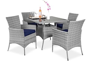 Best Choice Products 5-Piece Indoor Outdoor Wicker Dining Set Furniture for Patio, Backyard w/Square Glass Tabletop, Umbrella Cutout, 4 Chairs - Navy