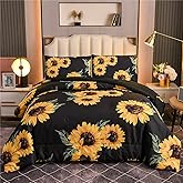 NTBED Black Sunflowers Comforter Set Queen Yellow Floral Botanical 3-Pieces Microfiber Bedding Quilt for Girls Teens (Black, Queen)