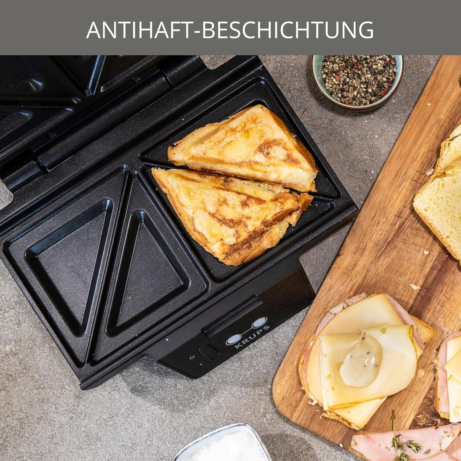Krups Sandwichmaker, für perfekt zubereitete Sandwichtoasts in Dreiecksform, antihaftbeschichtete Platten, leichte Reinigung, kein Anbrennen, Temperaturkontrollleuchte, 850 W, 31,6x15,5x29,5cm, FDK451 4