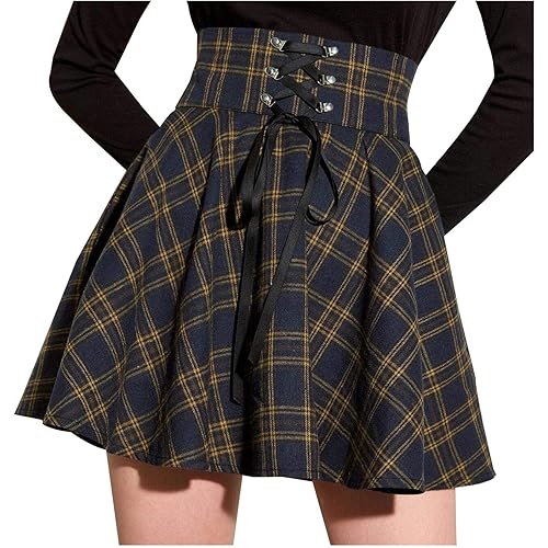 iCJJL Women's Fashion Retro Punk Plaid Print Y2K Skirt Belt Zipper Short Skirt Pleated Retro Skirt