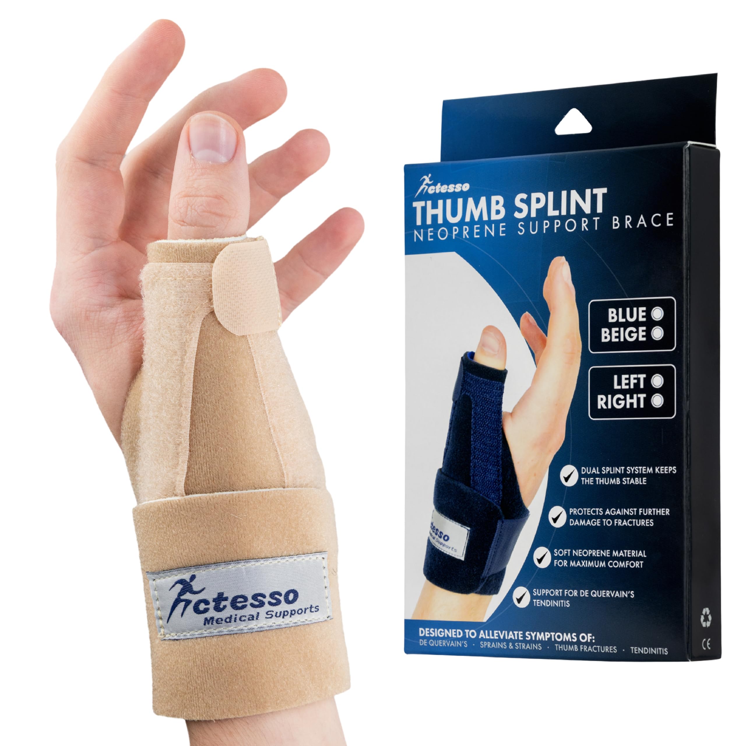 Actesso Neoprene Thumb Splint Brace – Thumb Support & Relief from Thumb Injury, Wrist Tendonitis, De Quervain's, Arthritis, Trigger Thumb & Sprains | Left or Right Spica Available (Beige, Left Hand)