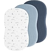 Coreeky 3 Pack Baby Muslin Bassinet Sheets for Boys and Girls, 32 x 16 in | 100% Cotton, Fitted Mattress Sheets, Compatible with Halo Bassinest Swivel Sleeper, Graco (Nightfall Blue)
