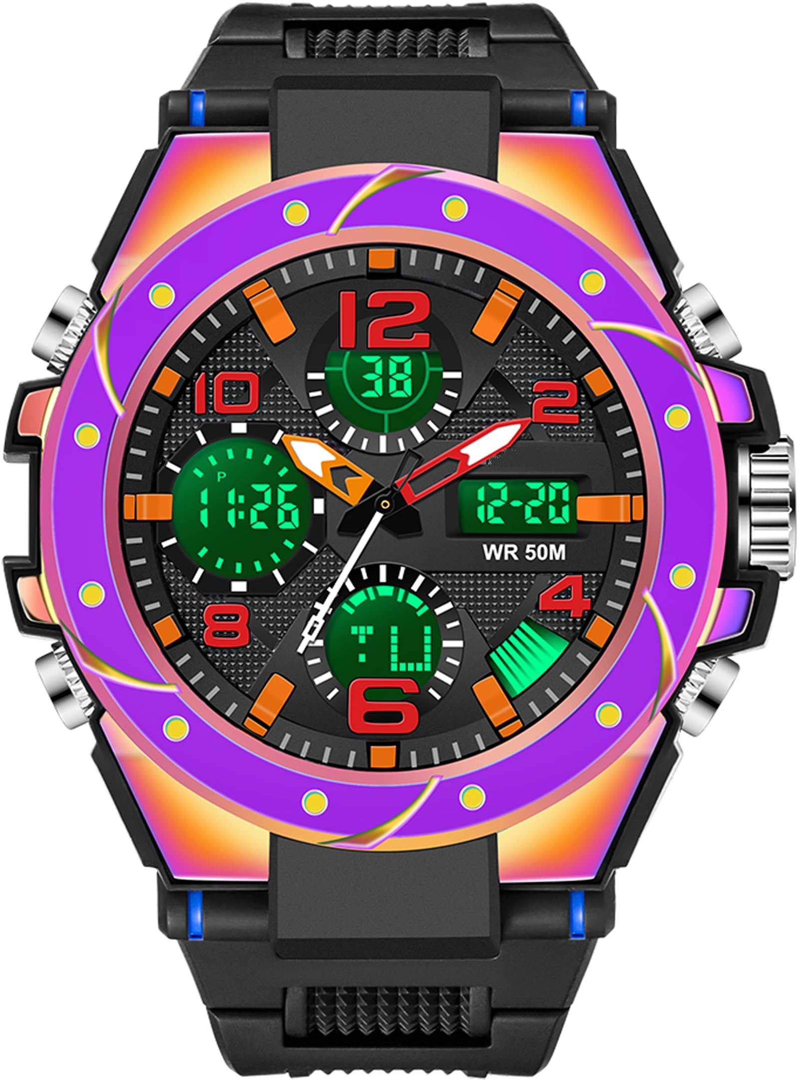 Men's Military Digital Sports Watch Large Display 5ATM Waterproof with Alarm Clock Calendar Stopwatch Chronograph, purple, 100% brand