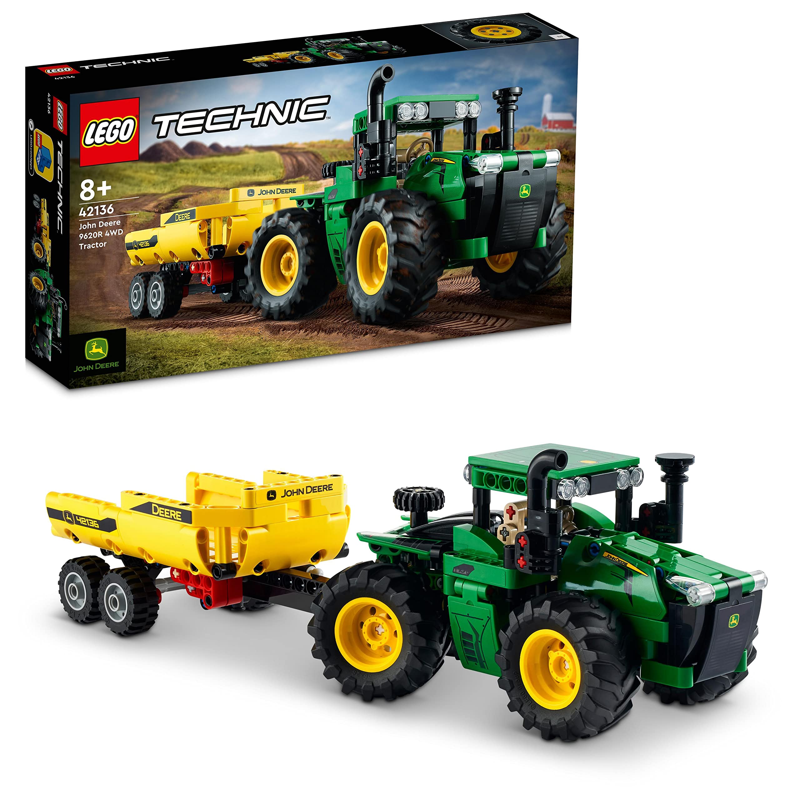 LEGO Technic John Deere 9620R 4WD Tractor, Giochi Creativi per Bambini e Bambine da 8 Anni, Trattore Giocattolo con Rimorchio Ribaltabile, Replica da Collezione in Stile Classico da Costruire 42136